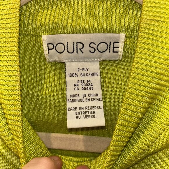 pour soie bright neon lime green 2 ply SILK sleeveless mock neck sweater M - Picture 2 of 5